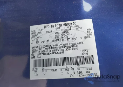 2006 Ford Ranger Fx4 Level Ii/Fx4 Off-Road/Sport/Xlt z USA, uszkodzony, nr VIN 1FTZR45EX6PA43558